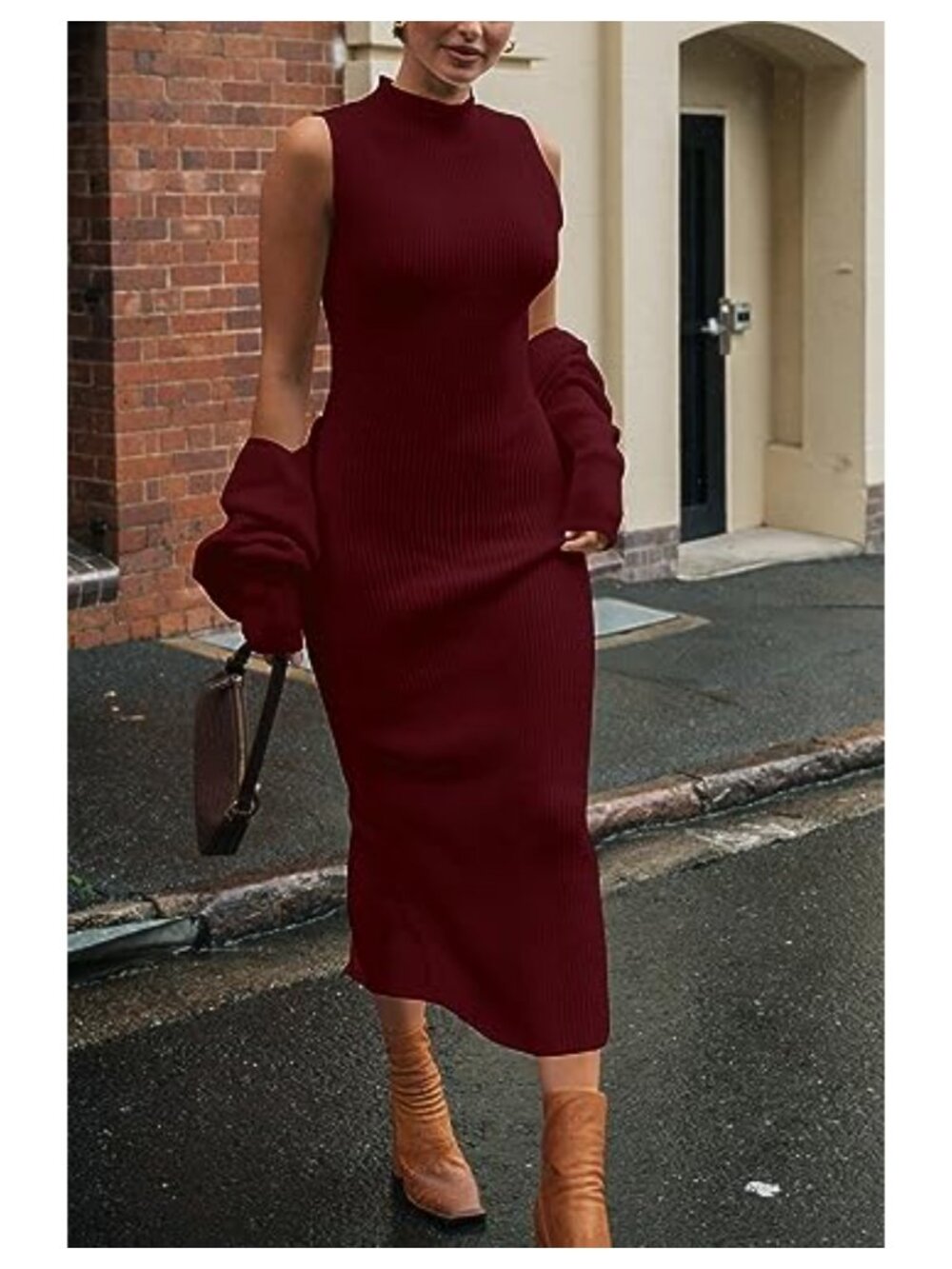 Rib Knit 2 Piece Maxi Tank Dress & Cropped Cardigan Set, Mock Neck Bodycon - Picture 2 of 6